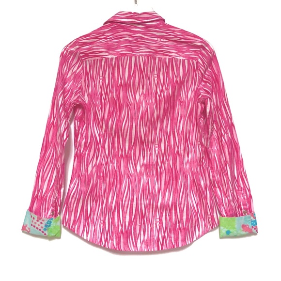 Lilly Pulitzer Blouse Top Womens 0 Pink Button Down Flip Cuff Colorful Preppy - Picture 2 of 9